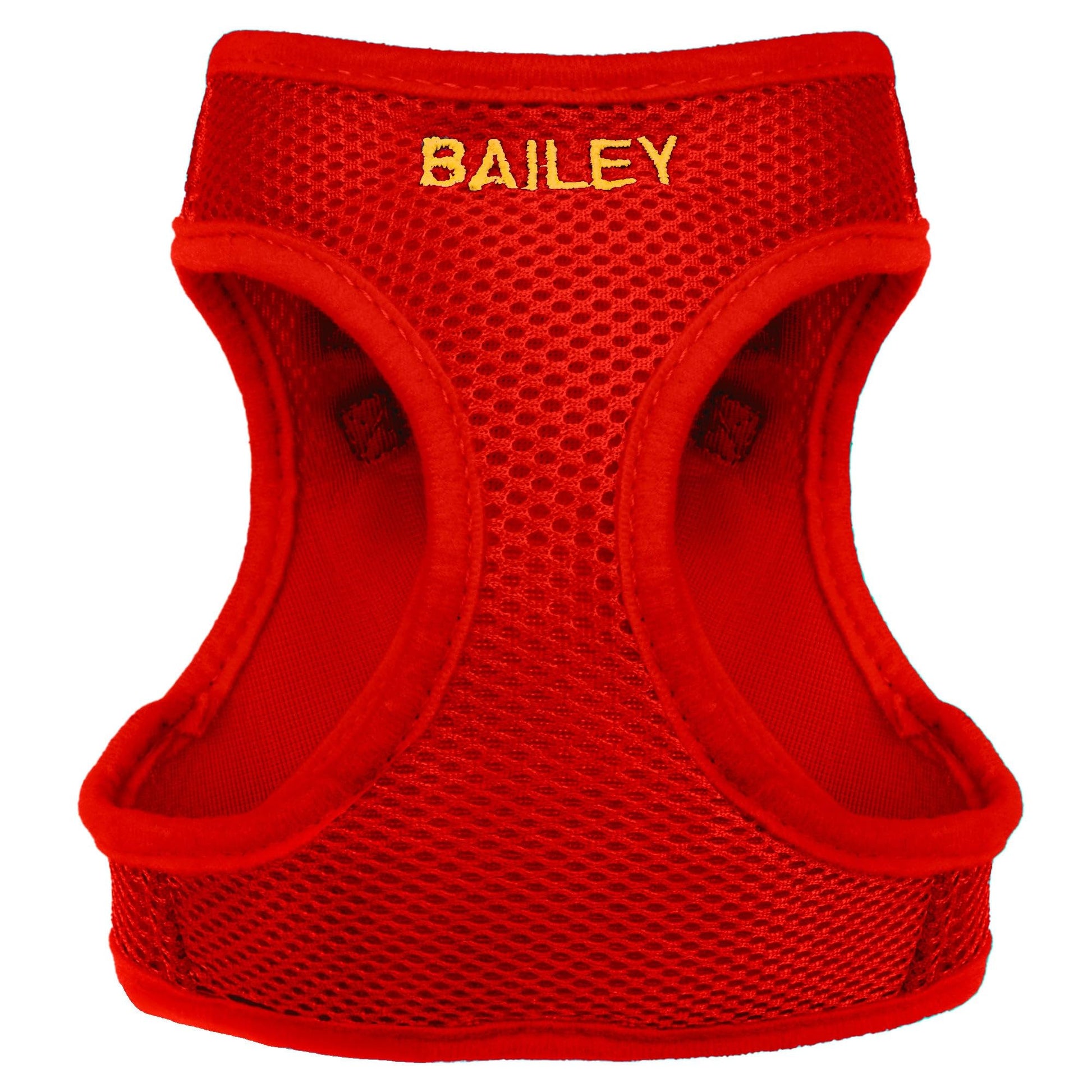 Close-up of red step-in air mesh dog harness showing yellow embroidered name BAILEY on breathable mesh, white background