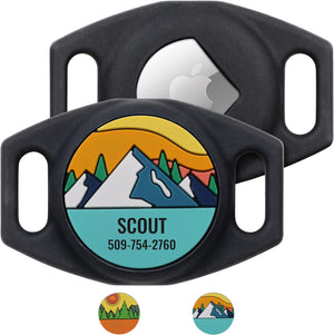 Front view of black silicone AirTag collar holder with mountain design, engraved SCOUT, and two attachment slots