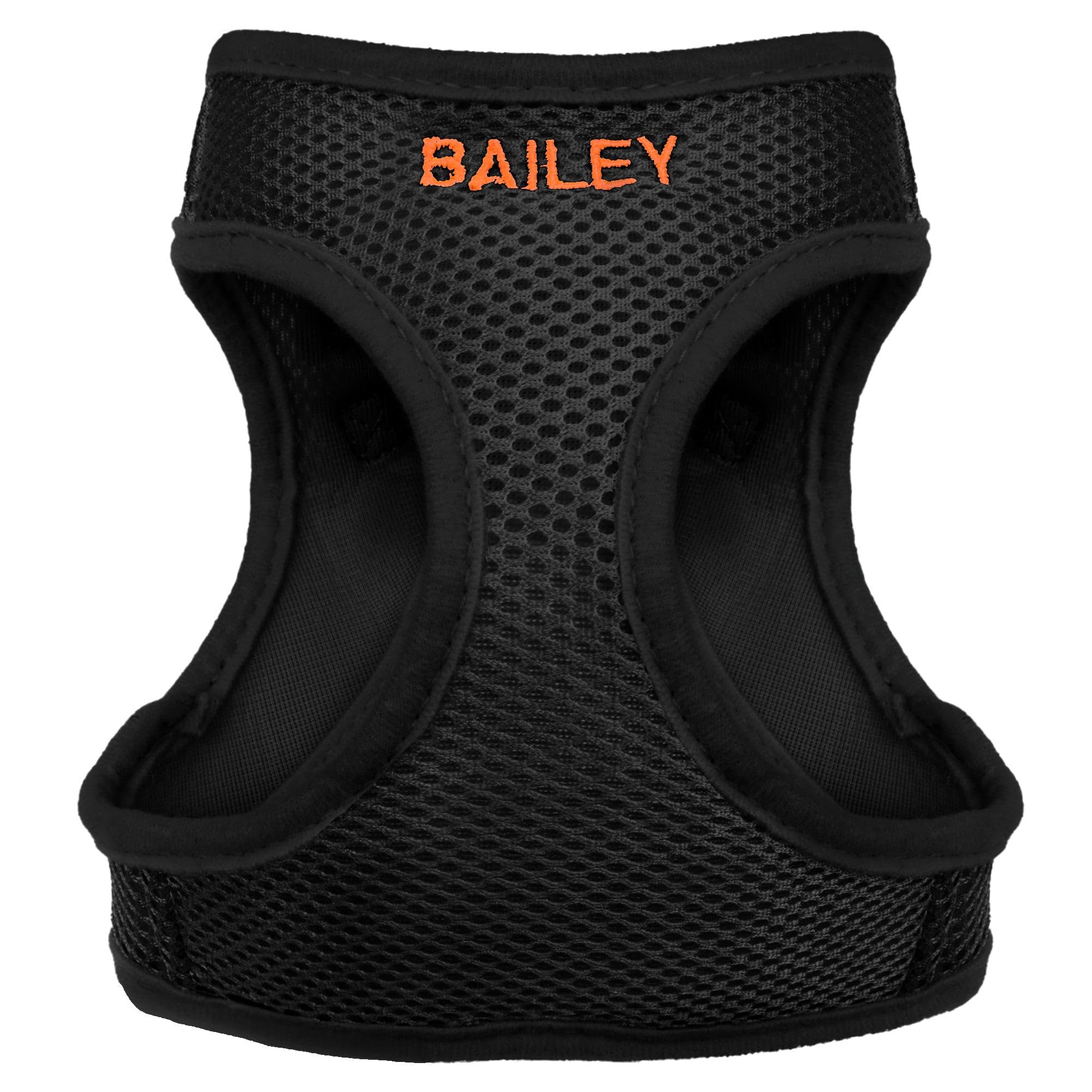 Front of Step-In Air Mesh dog harness with orange embroidered name BAILEY on black breathable mesh