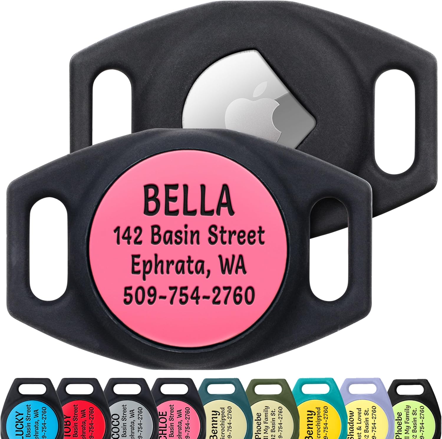 Front view of AirTag dog collar holder showcasing personalized engraved plate with inserted AirTag on white background