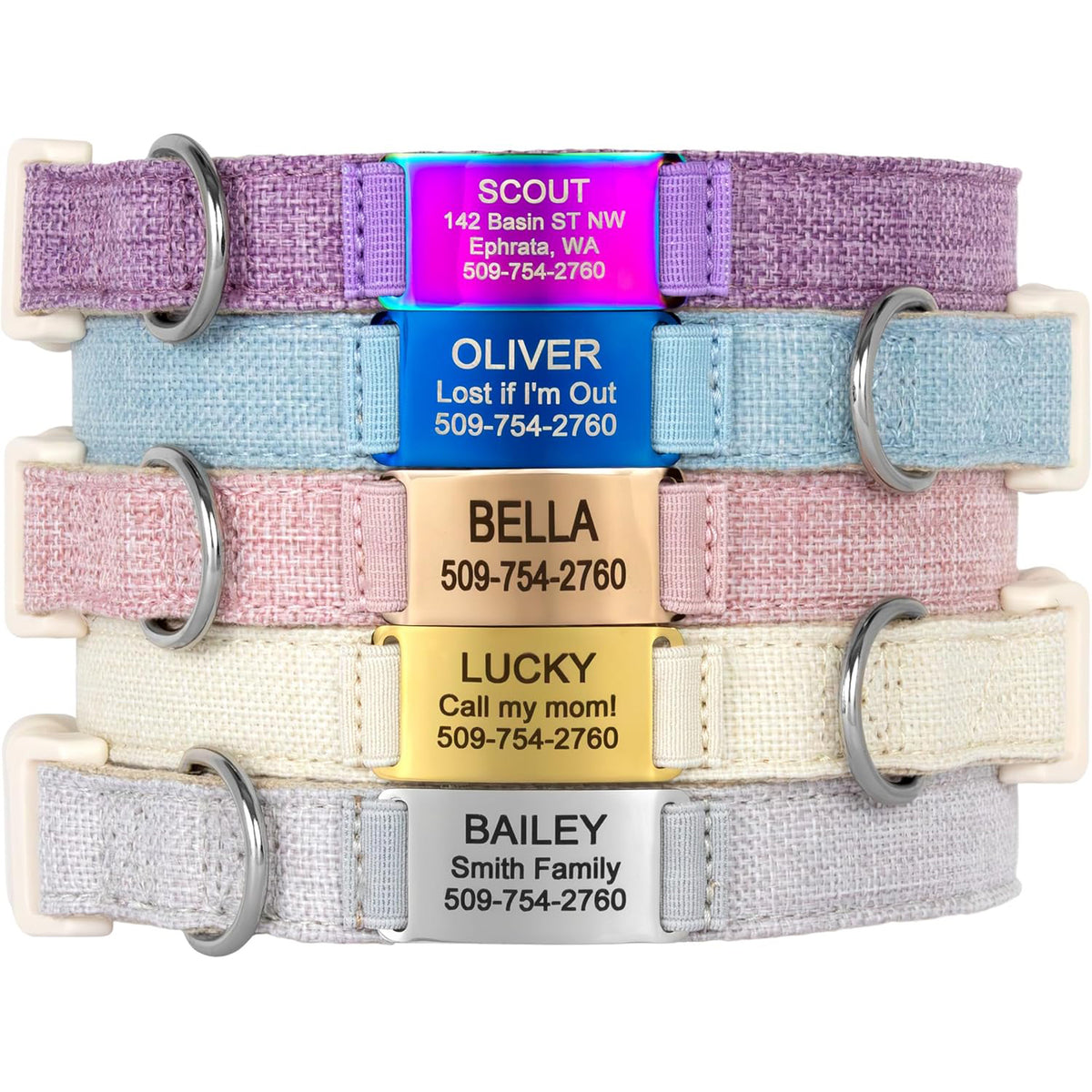 Front view of cotton and hemp dog collars with engraved slide-on ID plates and sample phone numbers on pastel straps