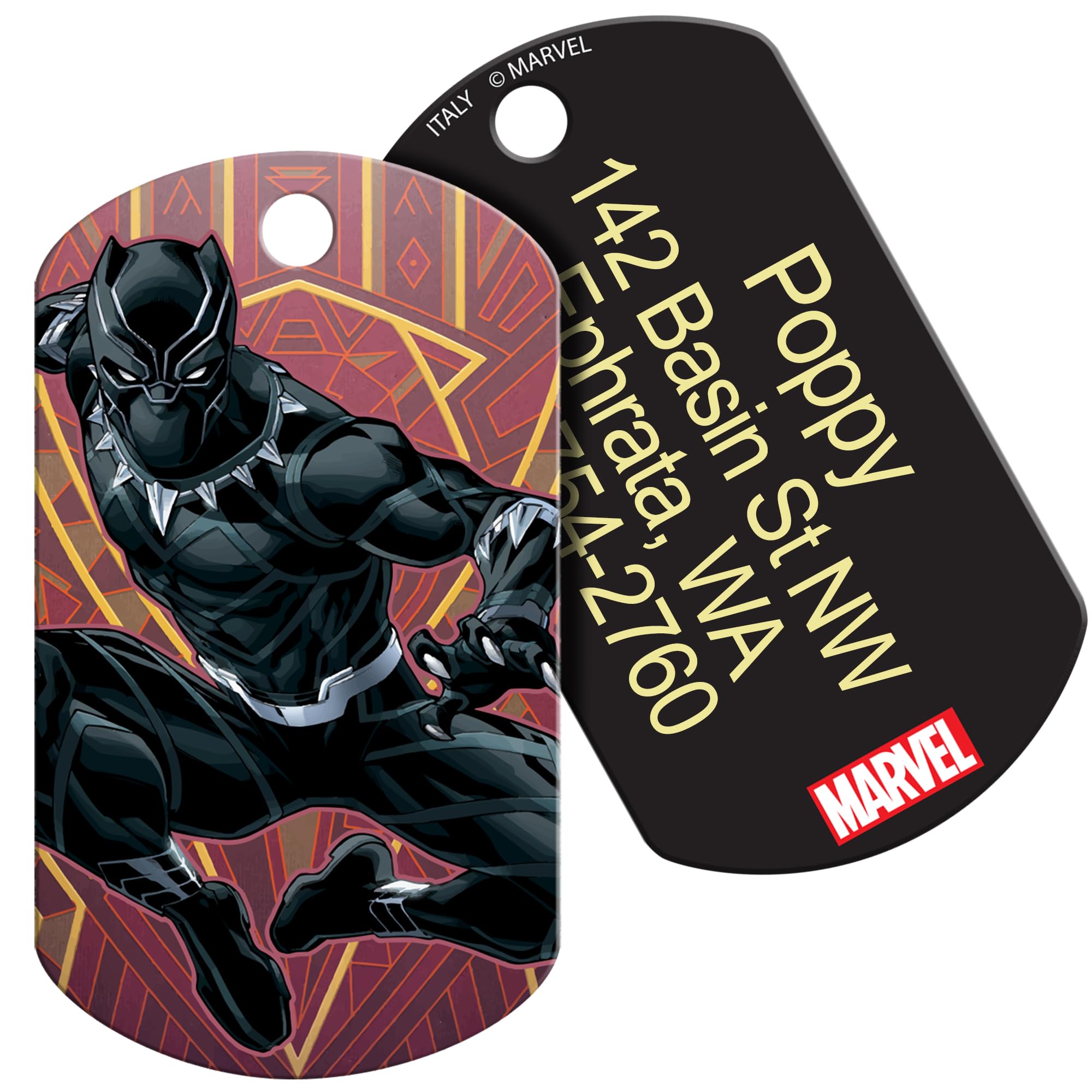 Front and back of Black Panther dog ID tag with colored art on front and laser engraved contact info on brass back