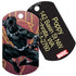 Front and back of Black Panther dog ID tag with colored art on front and laser engraved contact info on brass back