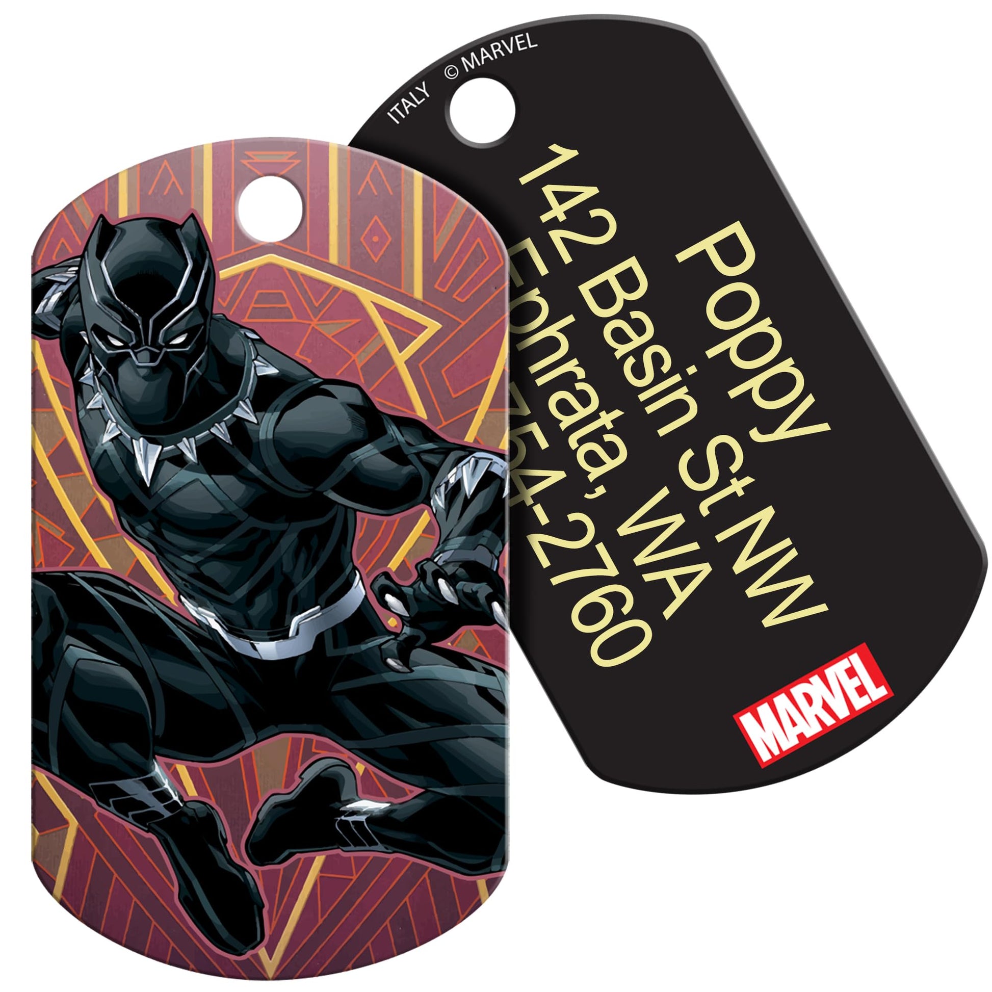 Front and back of Black Panther dog ID tag with colored art on front and laser engraved contact info on brass back