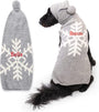 Back view of Snowflake dog sweater showing white snowflake, hood pompom, and red name ‘Roscoe’ on white background