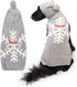 Back view of Snowflake dog sweater showing white snowflake, hood pompom, and red name ‘Roscoe’ on white background