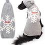 Back view of Snowflake dog sweater showing white snowflake, hood pompom, and red name ‘Roscoe’ on white background