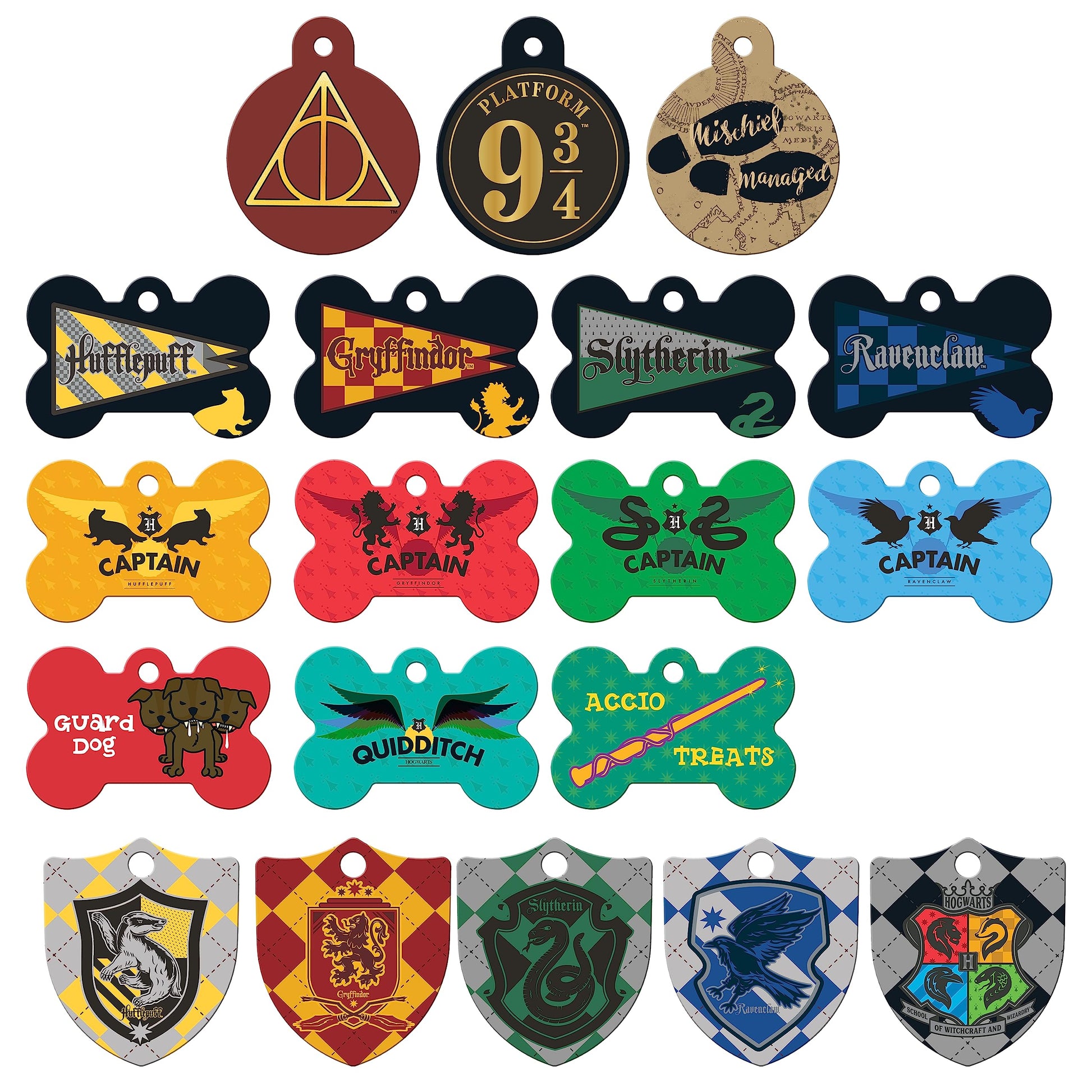Front view of Harry Potter dog ID tags showcasing Hogwarts-inspired designs and personalization engraving on white background
