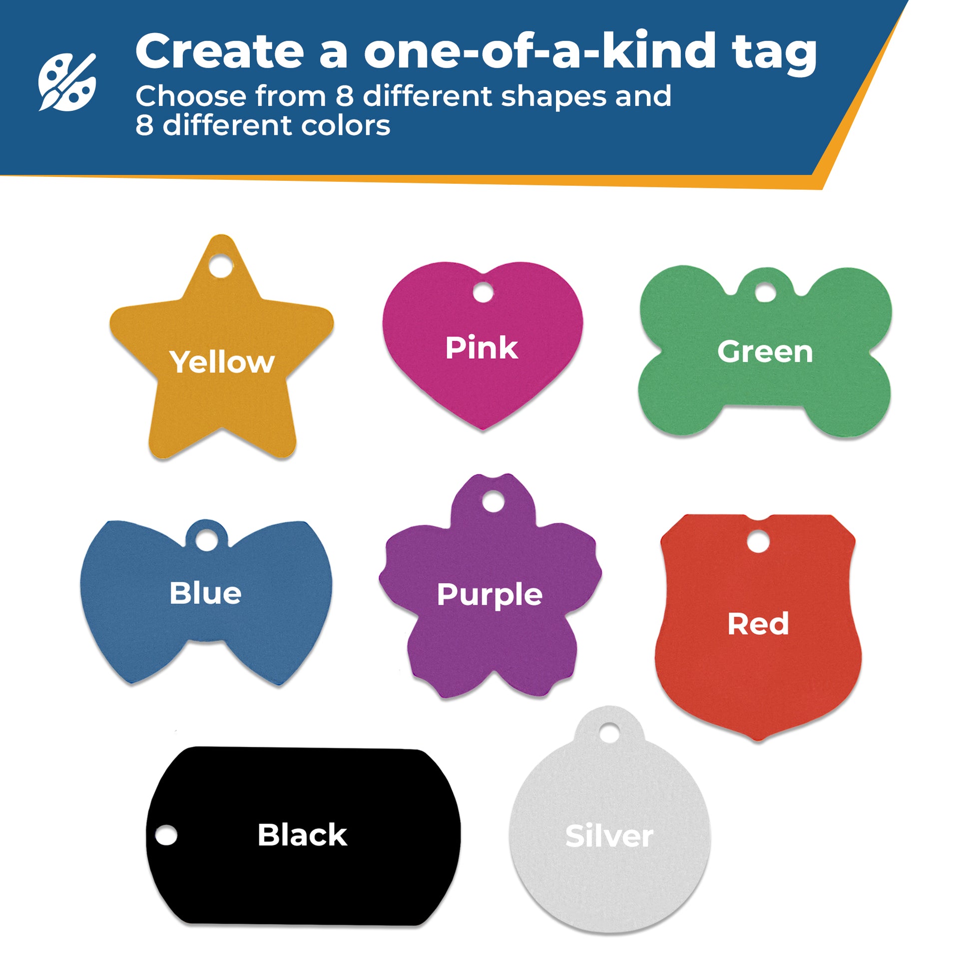 Banner showing headline ‘Create a one-of-a-kind tag’ and colorful tag shapes with color option labels