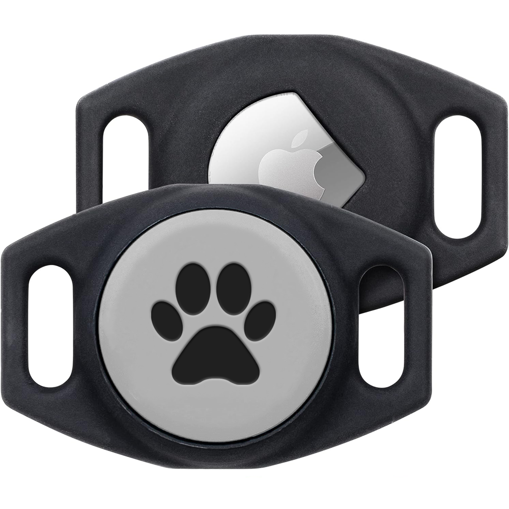 Front view of gray paw-print AirTag holder in silicone showing paw emblem and dual collar slots on white background