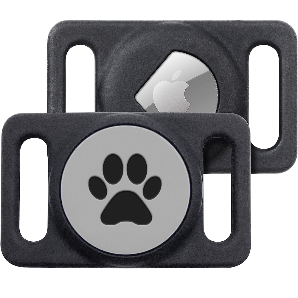 Front and back views of AirTag slide-on holder showcasing gray paw print on silver face and dual strap slots on white background
