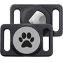 Front and back views of AirTag slide-on holder showcasing gray paw print on silver face and dual strap slots on white background
