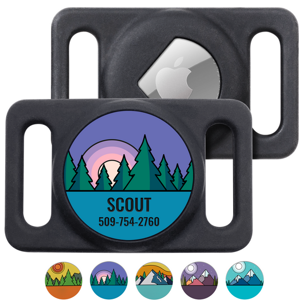 Front view of AirTag GPS Tracker Holder showcasing forest design personalized with Scout and 509-754-2760 on white
