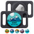 Front view of black silicone AirTag holder with mountain design and personalized Scout ID on white background