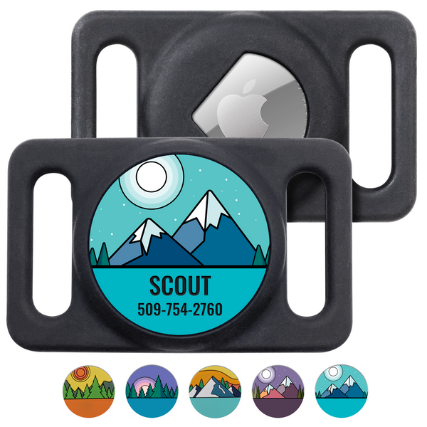 Front view of black silicone AirTag holder with mountain design and personalized Scout ID on white background