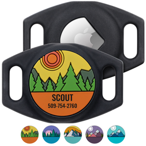 Front and back views of a black silicone AirTag GPS tracker holder with forest design, engraved SCOUT and 509 754 2760