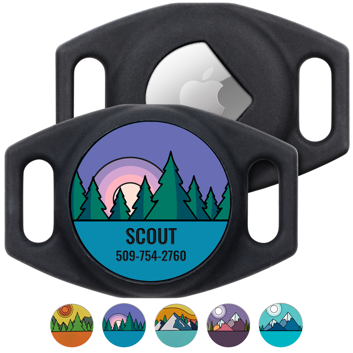Front view of small black silicone AirTag pet collar holder showcasing a personalized forest design, Scout, and 509 754 2760