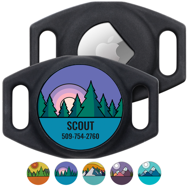 Front view of small black silicone AirTag pet collar holder showcasing a personalized forest design, Scout, and 509 754 2760