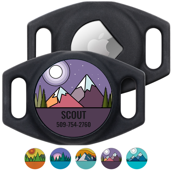 Front view of AirTag pet collar holder showcasing purple mountain design and personalized ID text with white background