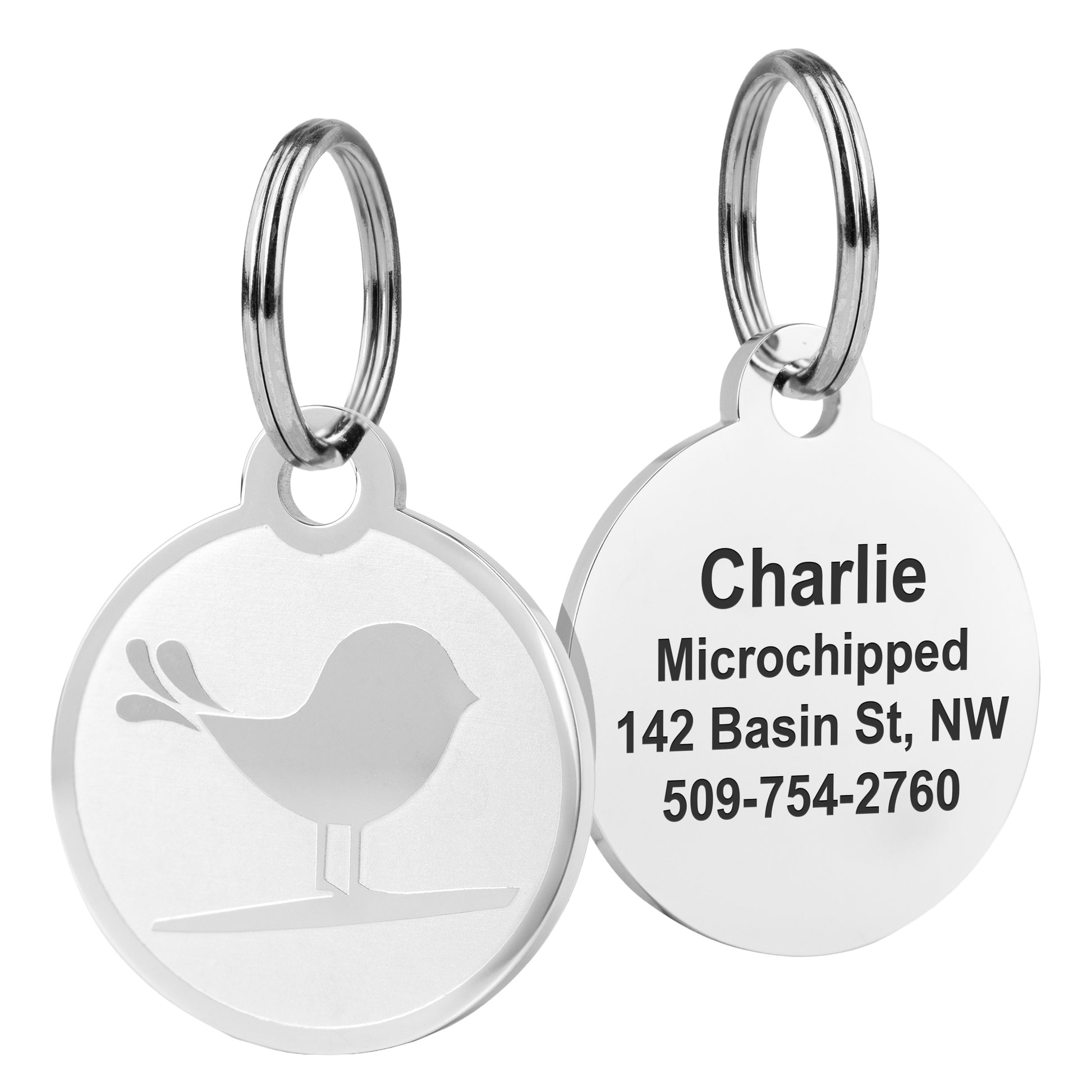 Close-up of embossed pet ID tags showing split-ring attachments, bird and paw designs, and sample engraving ‘Charlie’ on white background