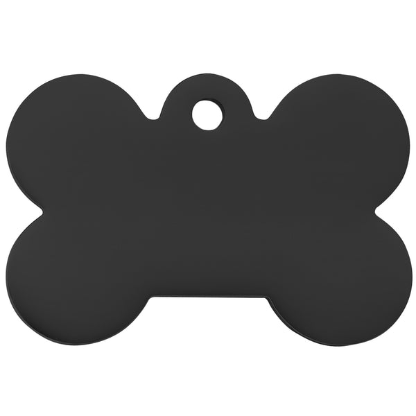 Front view of black bone-shaped dog tag with single attachment hole and blank surface on white background