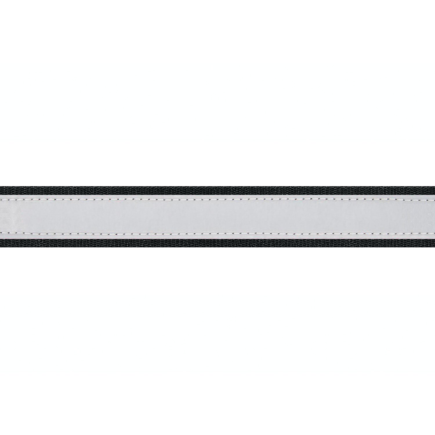 Close-up of reflective dog collar showing gray reflective center stripe and stitched black edges on white background