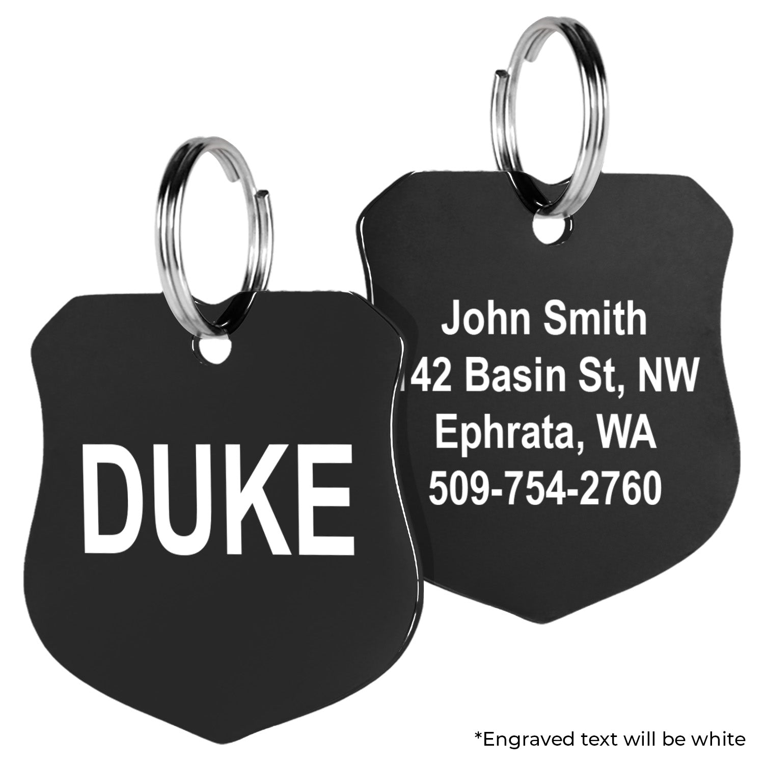 Front and back view of Ranger Badge Pet ID Tag showcasing double-sided personalized engraving and metal split rings on white background