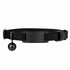 Flat lay of black reflective cat collar with engraved ID plate, bell and breakaway buckle on white background