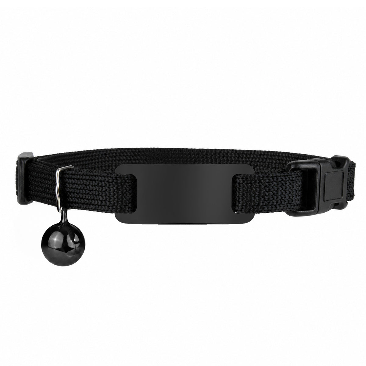 Flat lay of black reflective cat collar with engraved ID plate, bell and breakaway buckle on white background