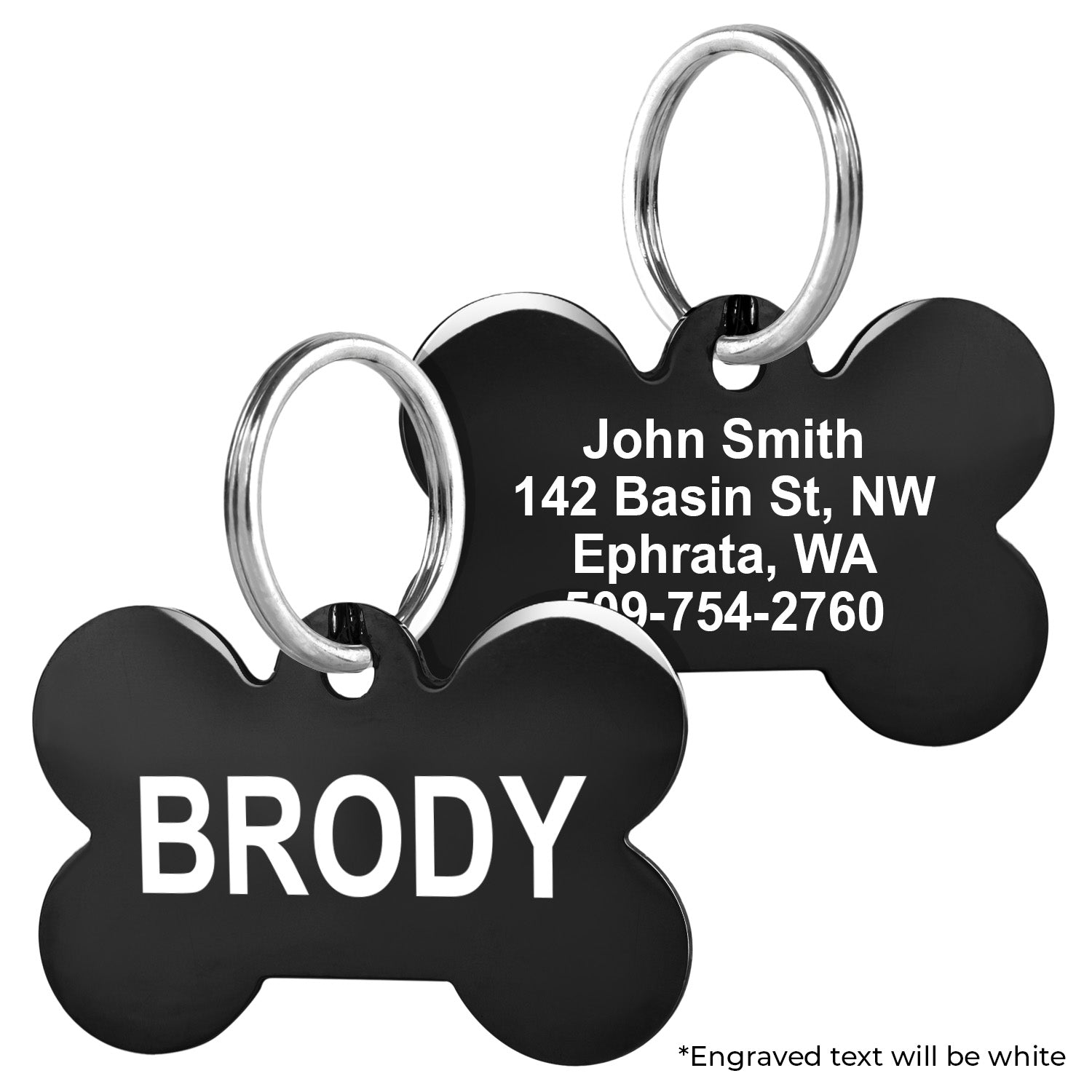 Front and back view of Bone Pet ID Tag showing example engraved name and address with metal attachment rings on white background