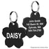 Close up front and back of Flower Pet ID Tag showing engraved name DAISY and address and phone on black stainless steel