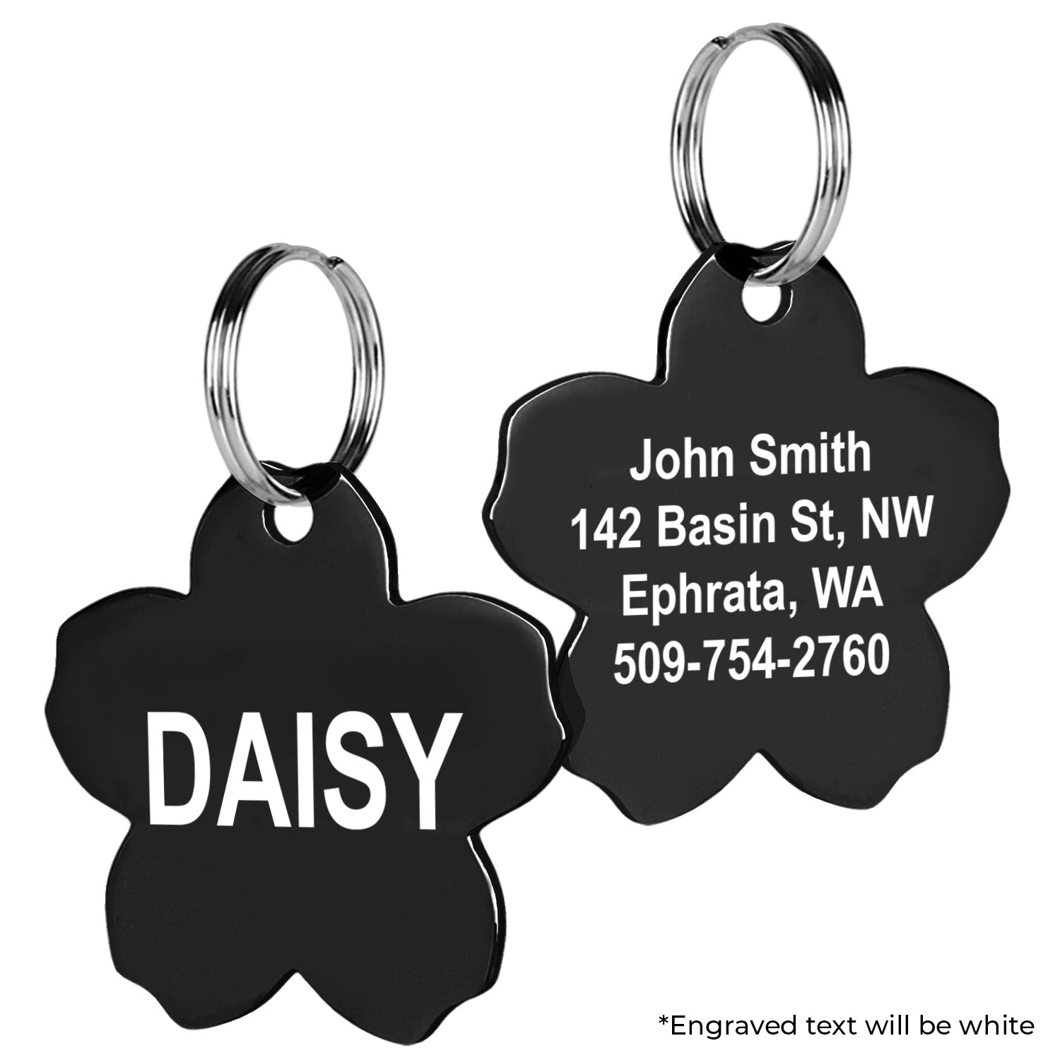 Close up front and back of Flower Pet ID Tag showing engraved name DAISY and address and phone on black stainless steel