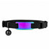 Flat lay of personalized reflective cat collar showcasing iridescent metal ID plate, breakaway safety buckle and bell on white background