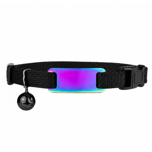 Flat lay of personalized reflective cat collar showcasing iridescent metal ID plate, breakaway safety buckle and bell on white background