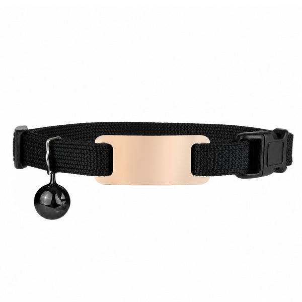 Front view of reflective black cat collar with rose gold ID plate, breakaway safety buckle and bell on white background