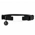 Flat lay of black reflective cat collar showcasing a silver engraved ID plate, breakaway safety buckle, and bell on white background