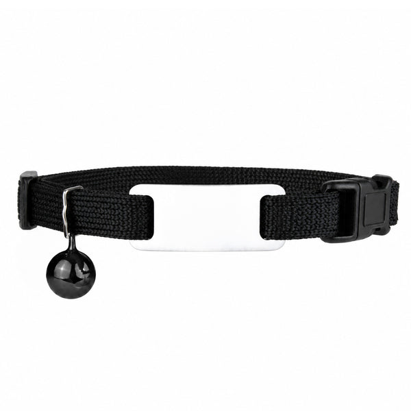 Flat lay of black reflective cat collar showcasing a silver engraved ID plate, breakaway safety buckle, and bell on white background
