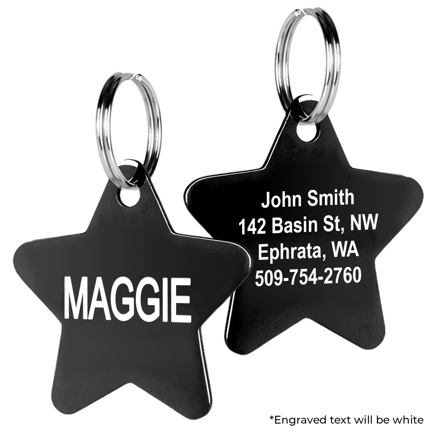Front and back view of Star Pet ID Tag in black stainless steel showing double-sided engraved sample text and attached split rings on white background