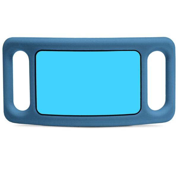 Front view of blue silicone slide-on pet ID tag showcasing recessed ID panel and side openings to fit most collars on white background