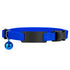 Front view of reflective cat collar with black ID plate, blue nylon, bell and breakaway buckle on white