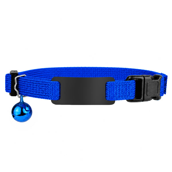 Front view of reflective cat collar with black ID plate, blue nylon, bell and breakaway buckle on white