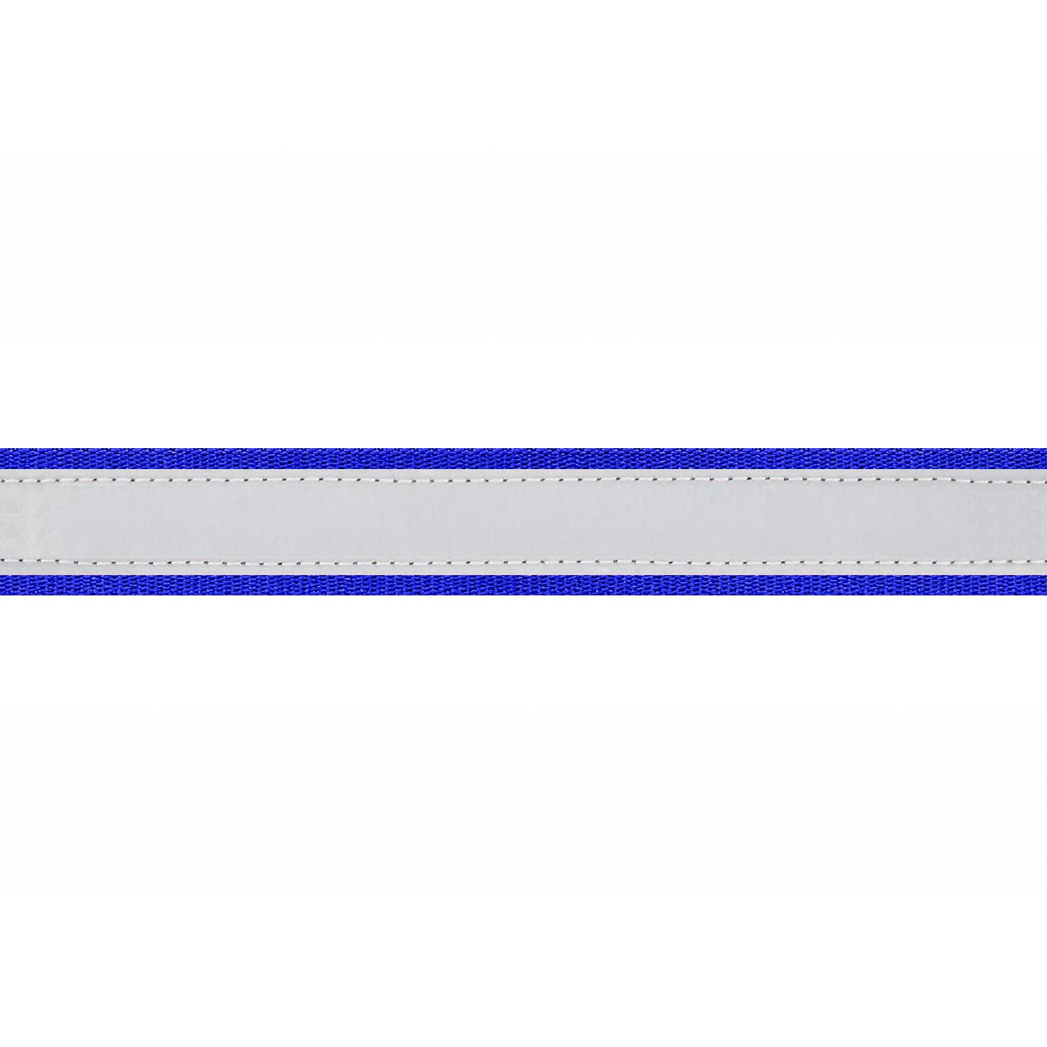 Close-up of personalized reflective dog collar showcasing gray reflective center with blue stitched edges on white background
