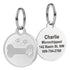 Front and back of 1x1 in stainless steel pet ID tag showing embossed bone and paw and sample engraving of name and phone on white