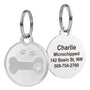 Front and back of 1x1 in stainless steel pet ID tag showing embossed bone and paw and sample engraving of name and phone on white