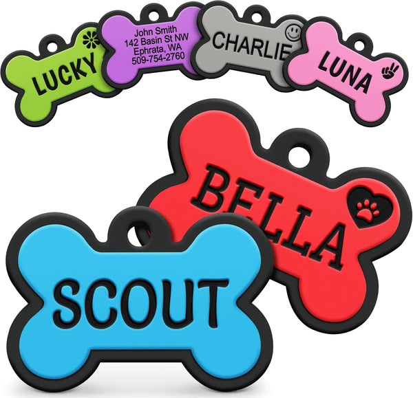 Front view of Bone Silent Silicone Dog ID Tag showcasing colorful personalized names and contact details on a white background