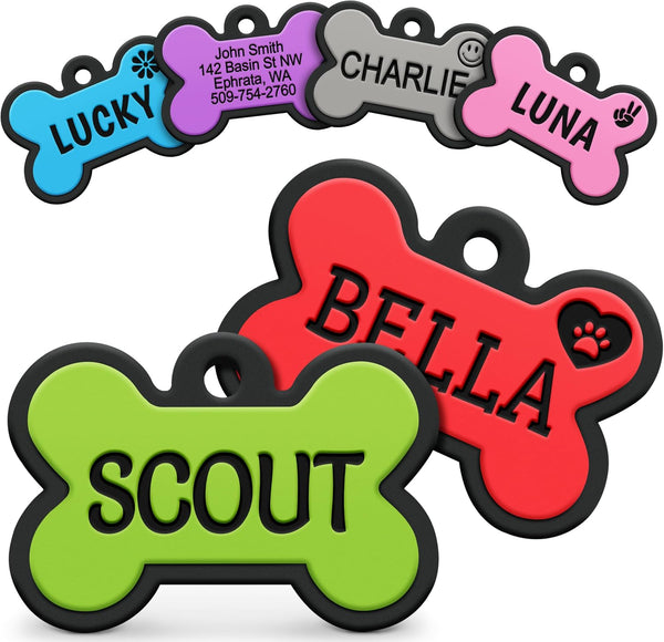 Front view of Bone Silent Silicone Dog ID Tags showcasing colorful silicone tags with custom engraved names on white background