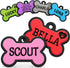 Front view of Bone Silent Silicone Dog ID Tags showing colors, engraved names and contact details on white background