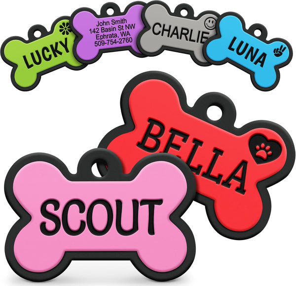 Front view of Bone Silent Silicone Dog ID Tags showing colors, engraved names and contact details on white background