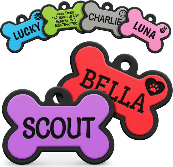 Front view of Bone Silent Silicone Dog ID Tag showcasing colorful personalized engraving with a white background