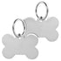 Close-up of two Bone Pet ID Tags showing polished stainless steel finish, split rings, and blank engraving surfaces on white background